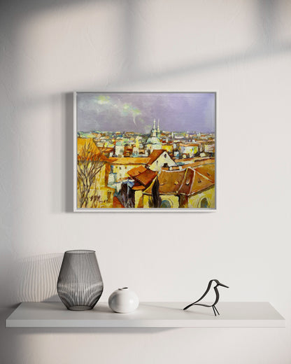 Charming Cityscape Oil Painting of Rooftops