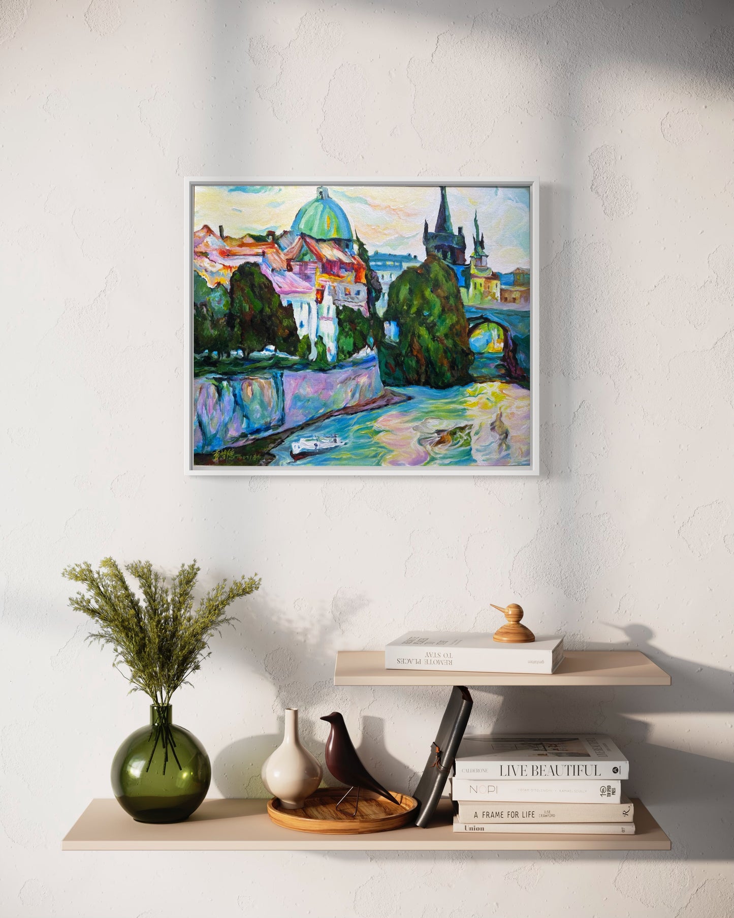 Colorful Cityscape Oil Painting with River View