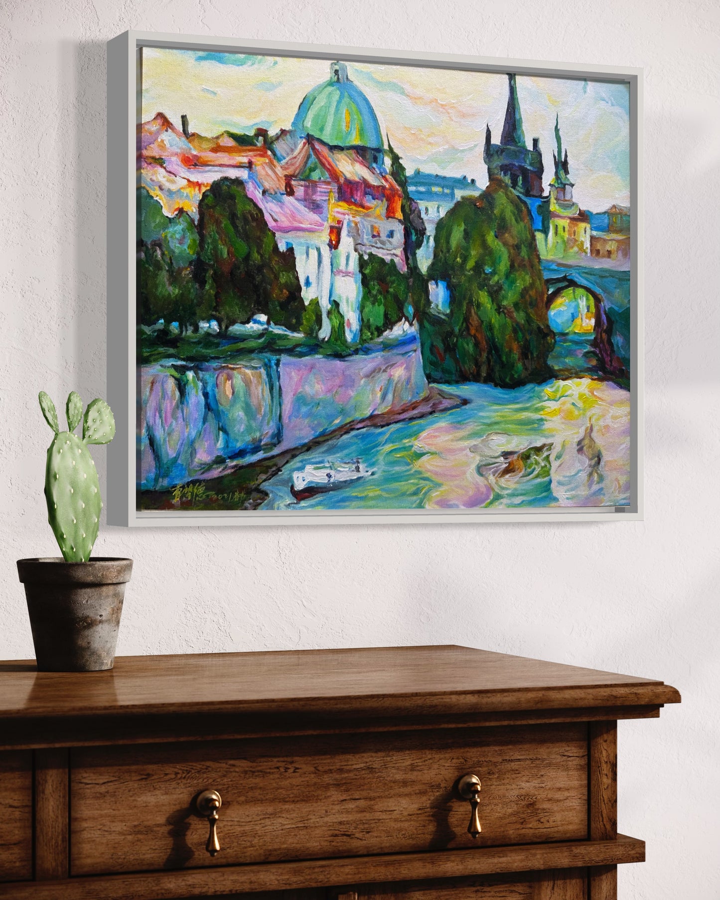 Colorful Cityscape Oil Painting with River View