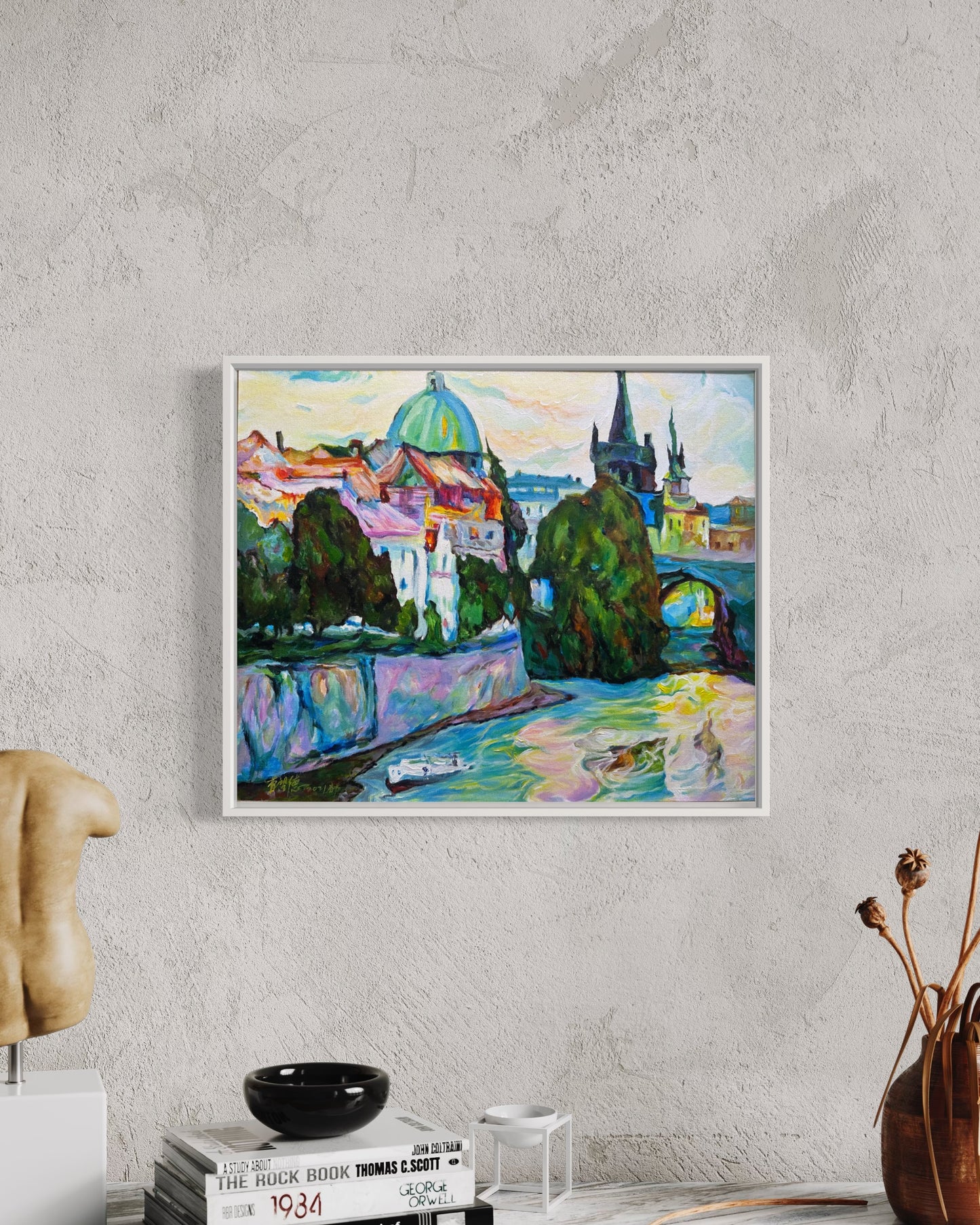 Colorful Cityscape Oil Painting with River View