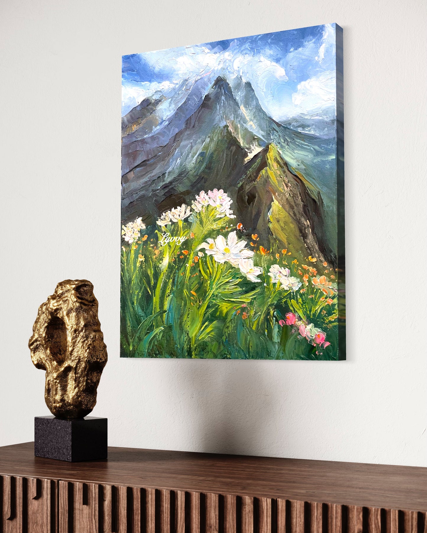 Mountain Landscape with Flowers Oil Painting