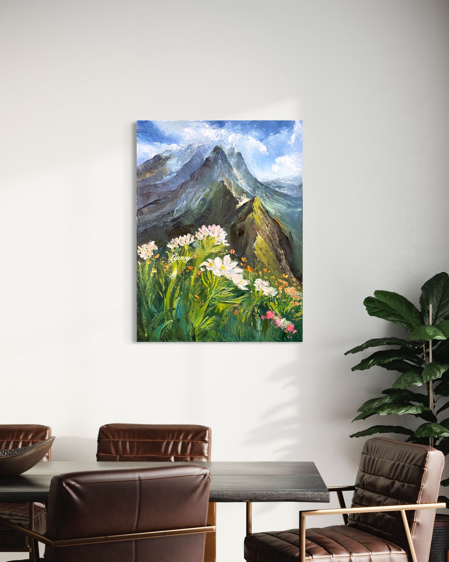 Mountain Landscape with Flowers Oil Painting