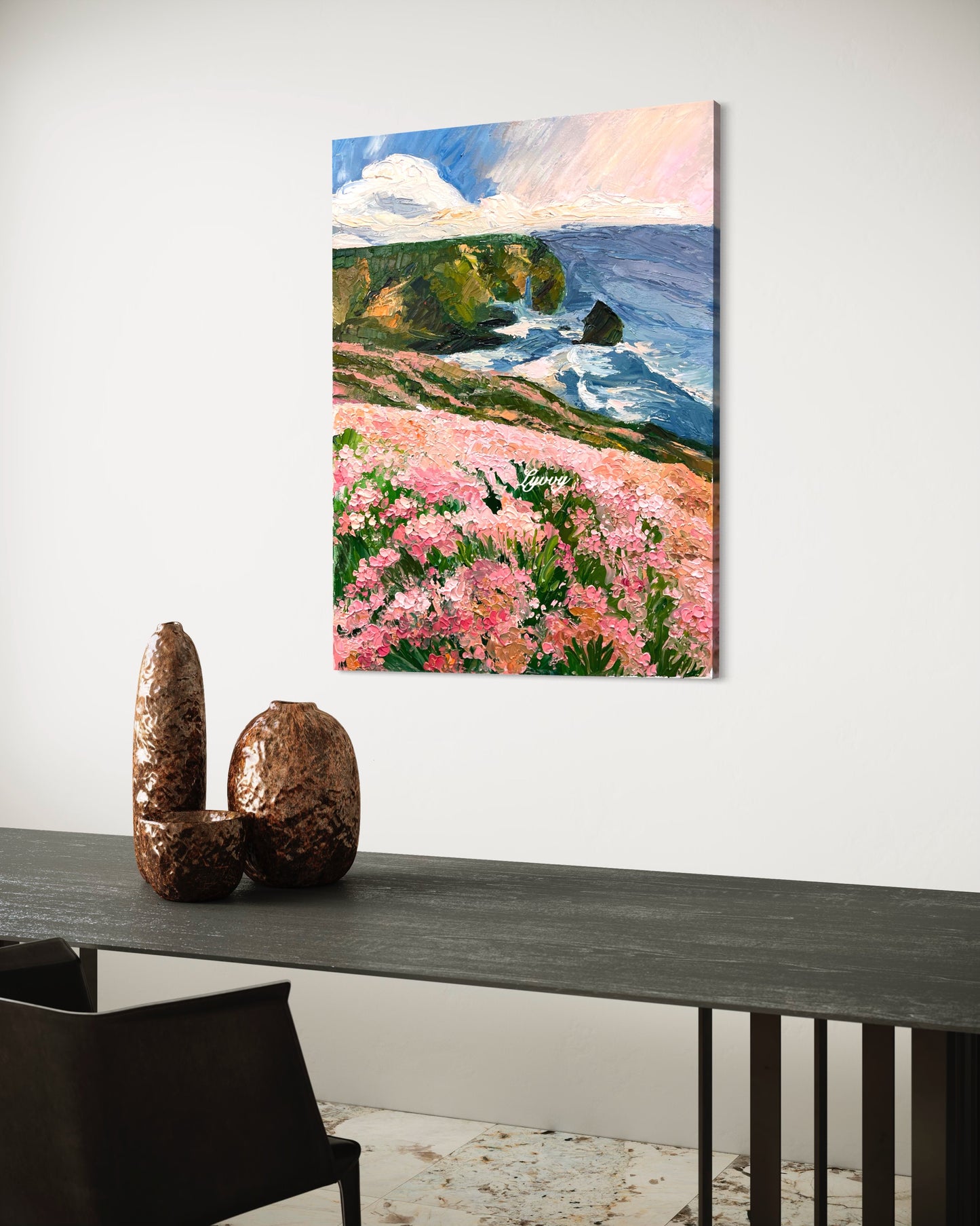 Coastal Cliffside with Pink Flowers Oil Painting