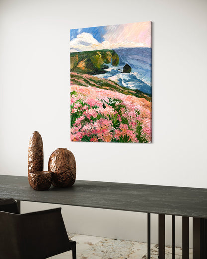 Coastal Cliffside with Pink Flowers Oil Painting