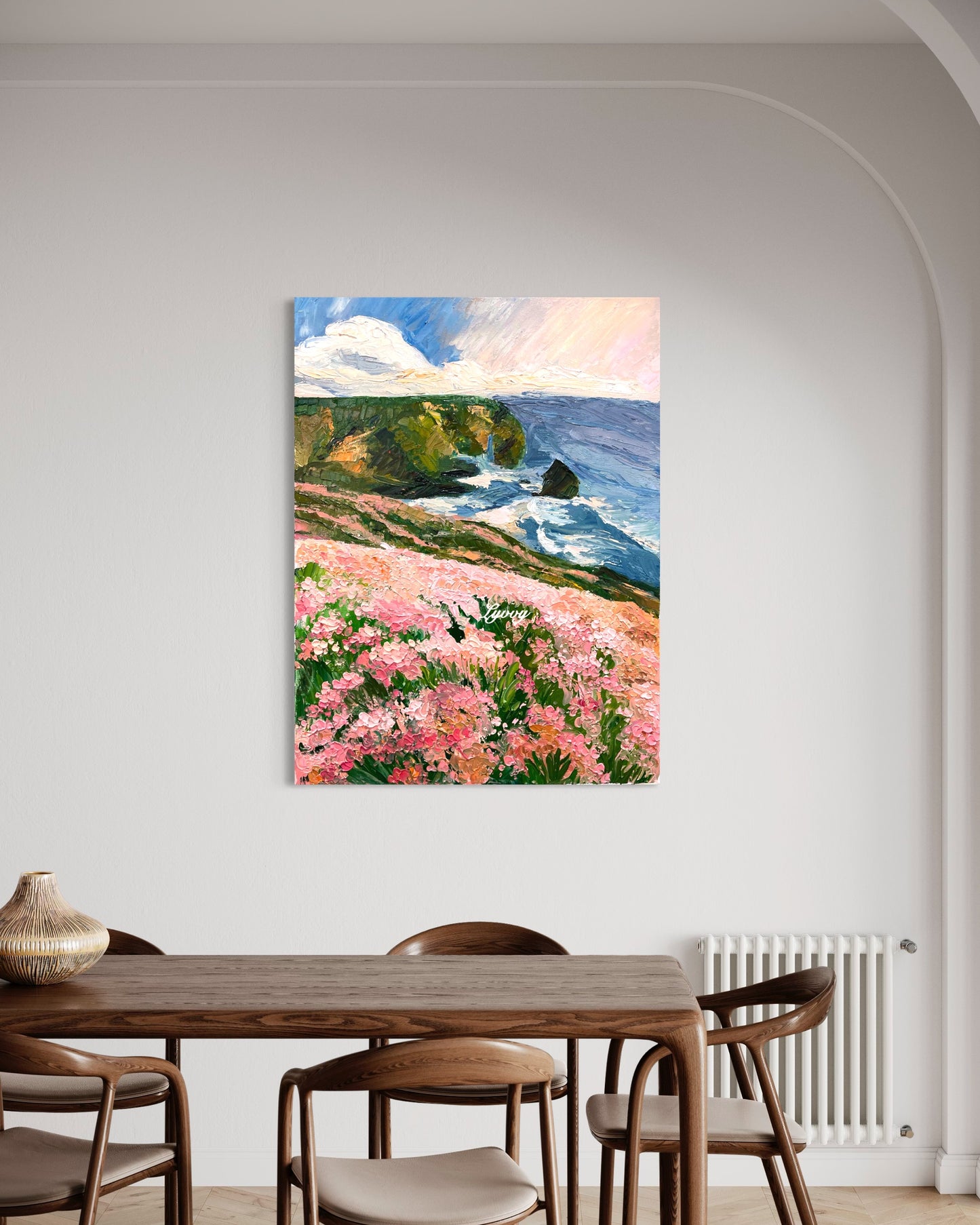 Coastal Cliffside with Pink Flowers Oil Painting