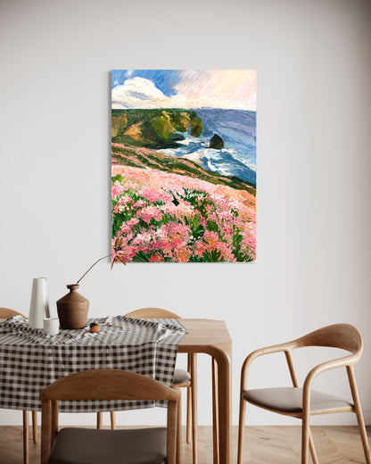 Coastal Cliffside with Pink Flowers Oil Painting