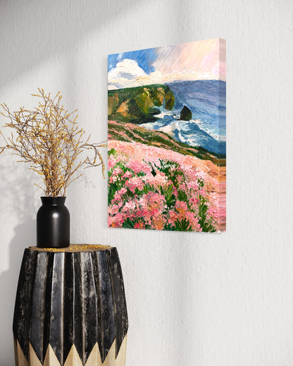 Coastal Cliffside with Pink Flowers Oil Painting