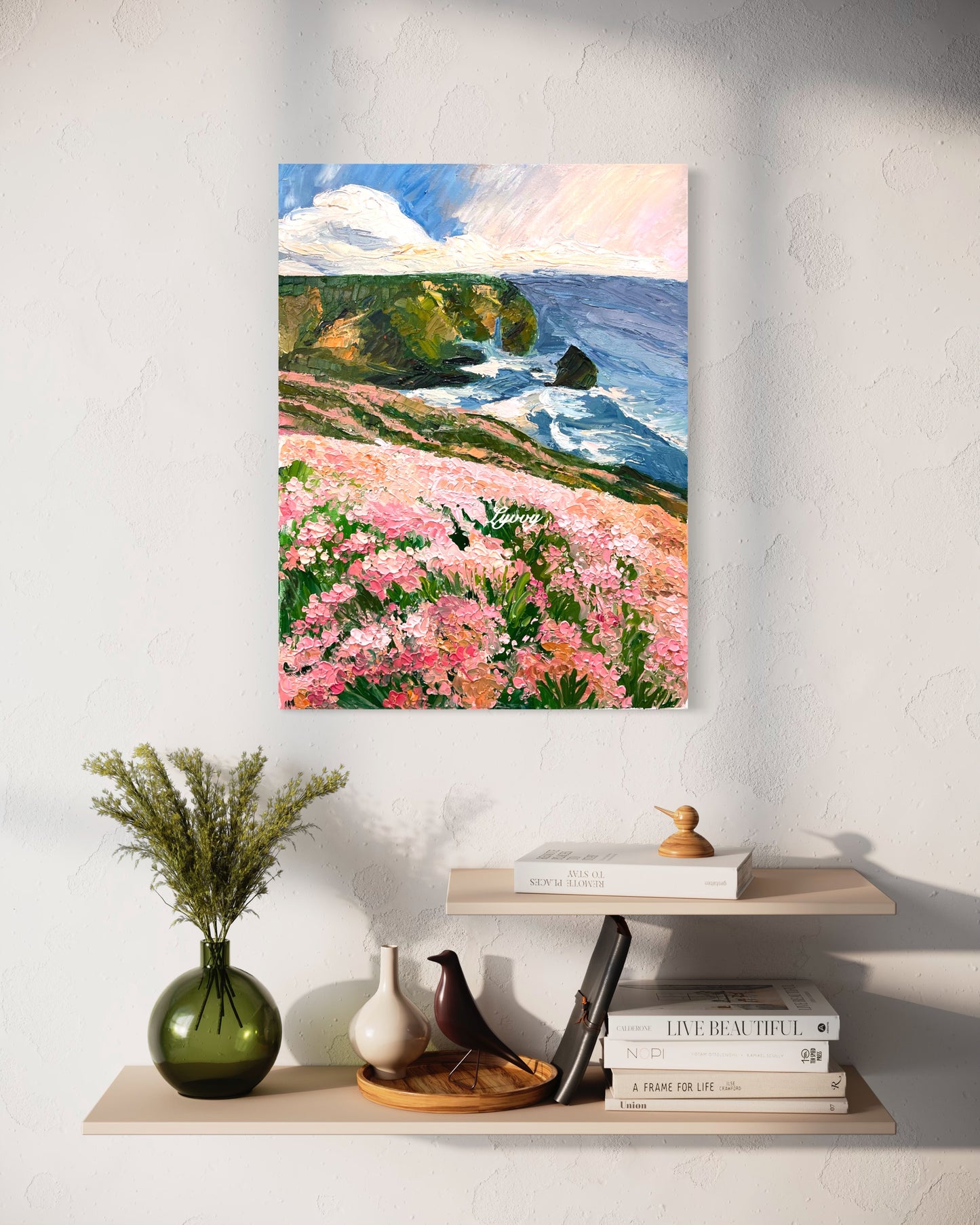 Coastal Cliffside with Pink Flowers Oil Painting