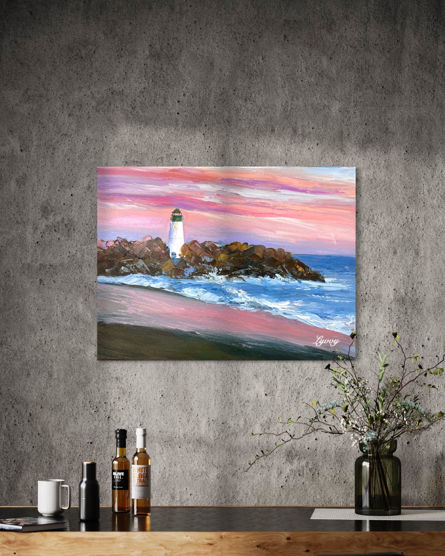 Lighthouse at Sunset Oil Painting