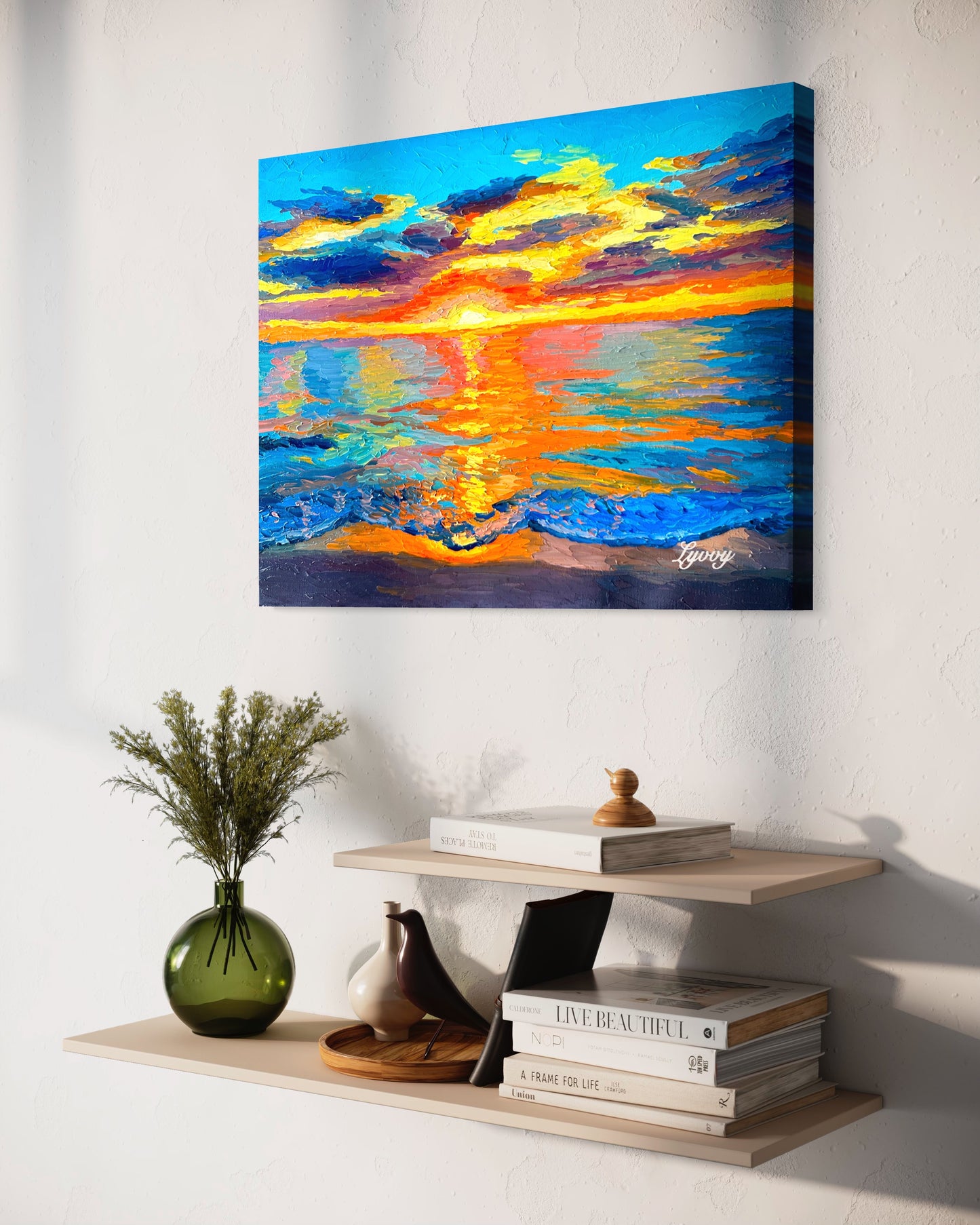 Vibrant Sunset Over Ocean Oil Painting