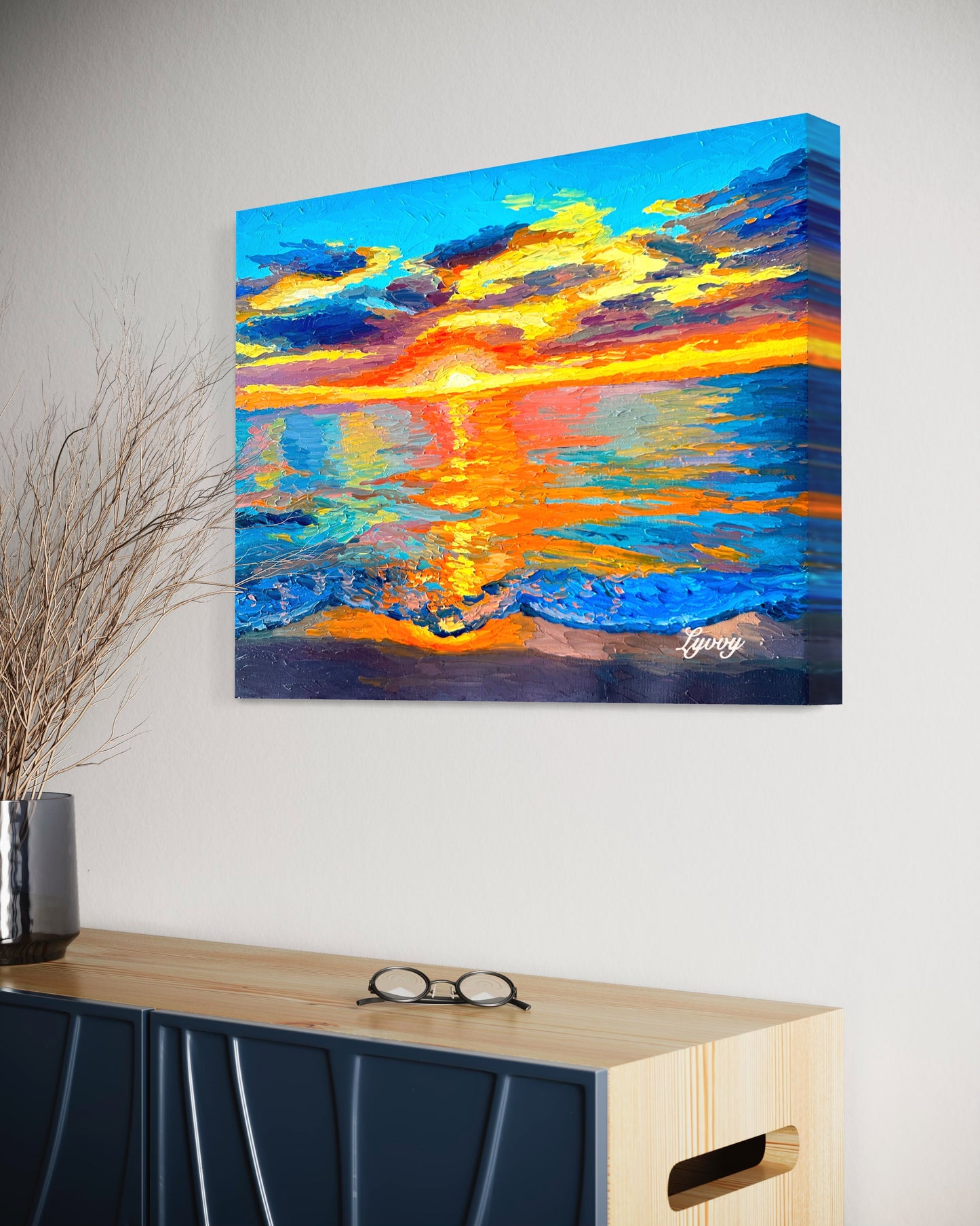 Vibrant Sunset Over Ocean Oil Painting