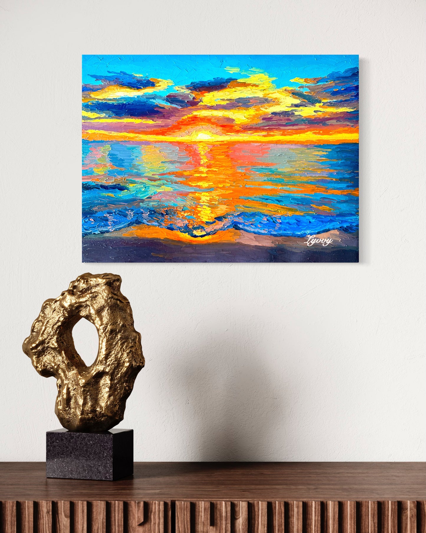 Vibrant Sunset Over Ocean Oil Painting