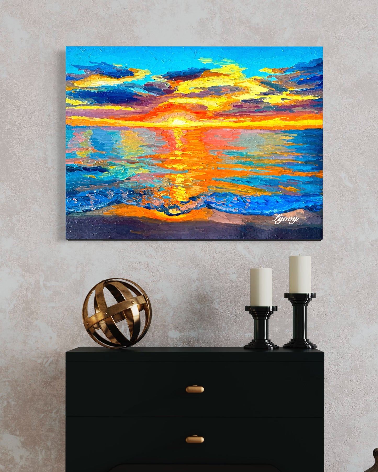 Vibrant Sunset Over Ocean Oil Painting