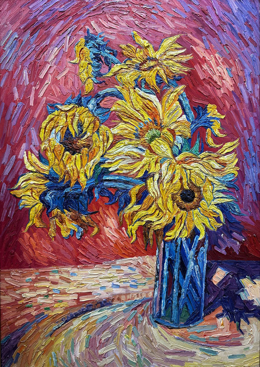 Vibrant Sunflowers in Vase Oil Painting