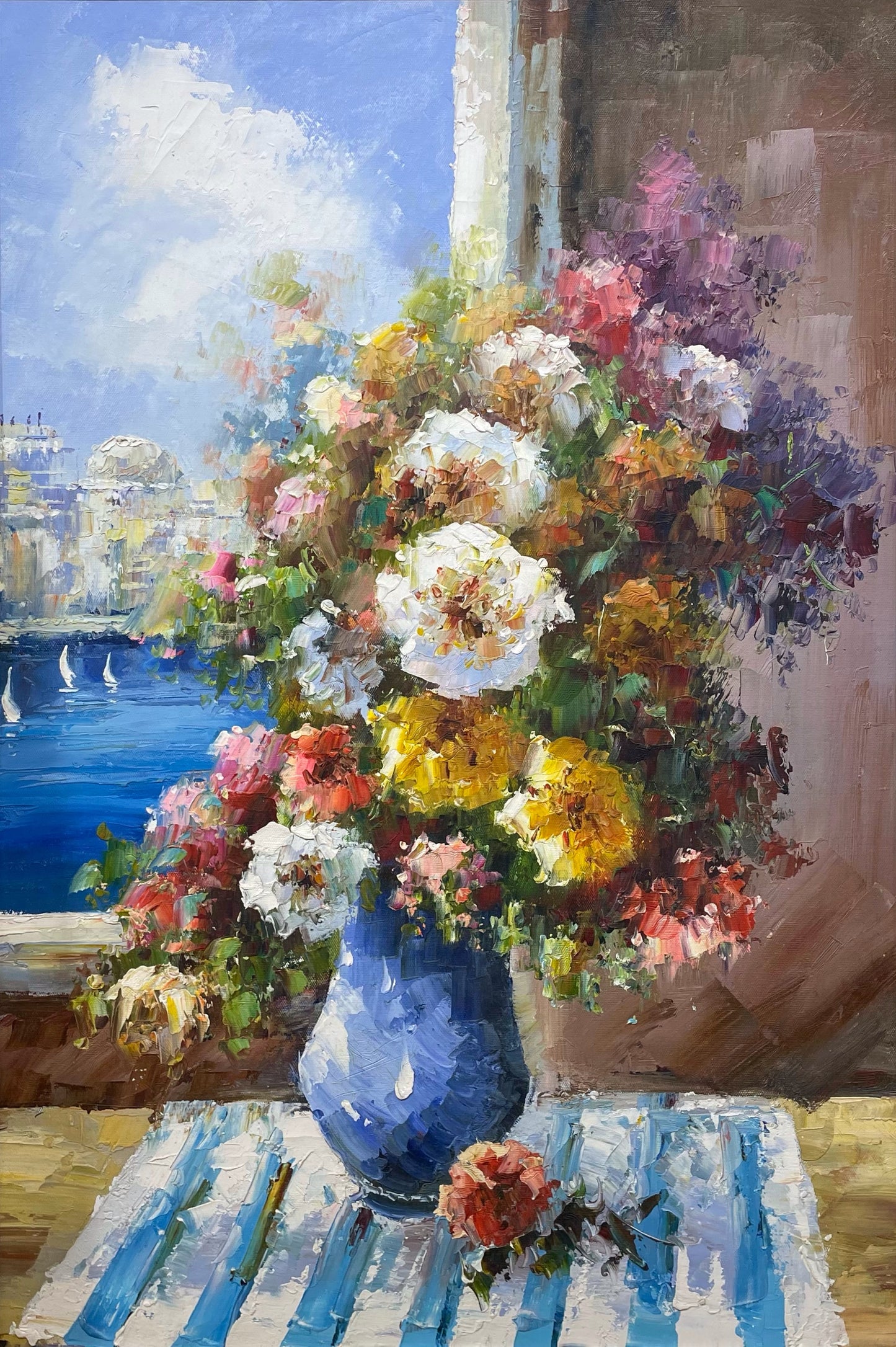 Original Impressionist Window Bouquet Scene Flowers Oil Painting on Canvas by hand