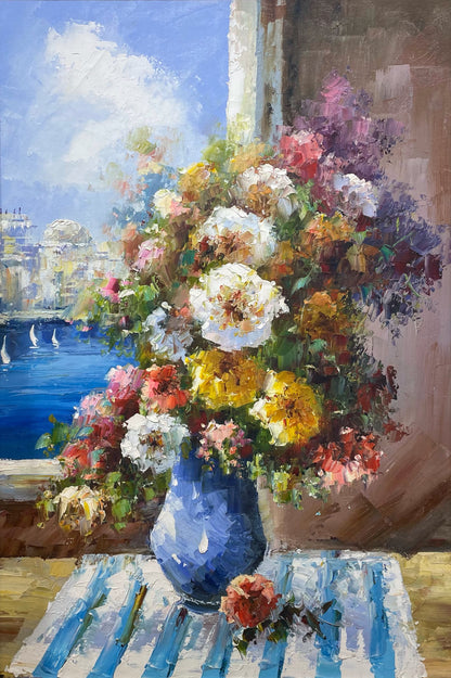 Original Impressionist Window Bouquet Scene Flowers Oil Painting on Canvas by hand