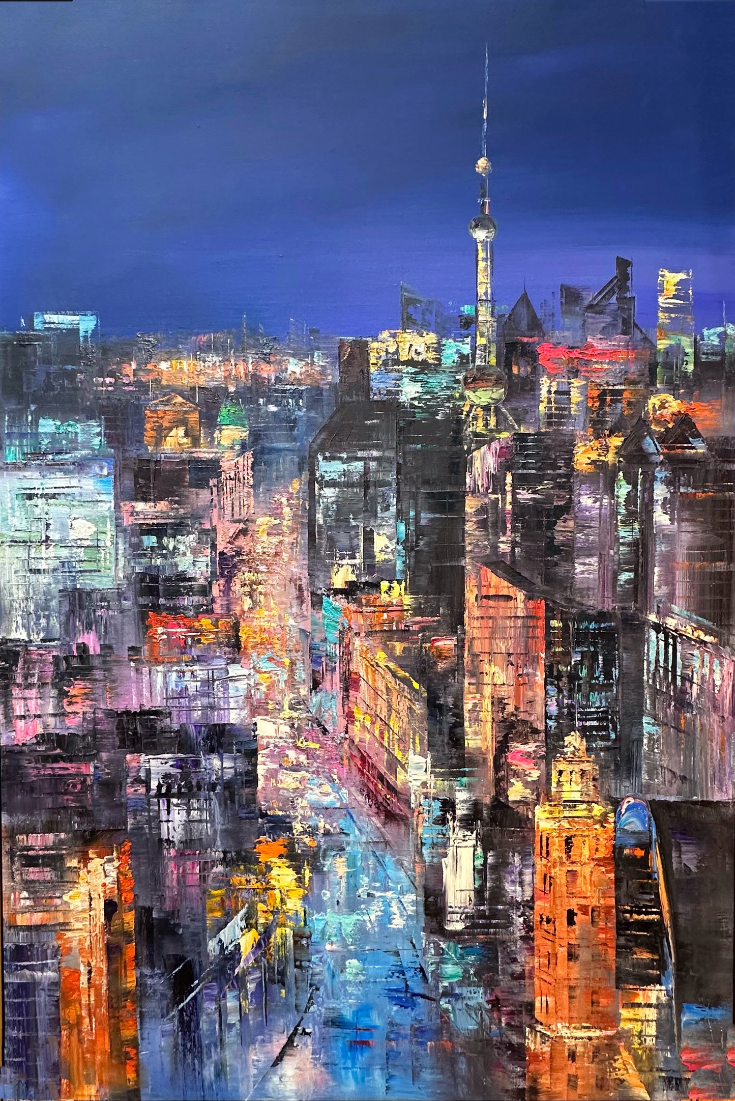 Nighttime City Skyline Oil Painting