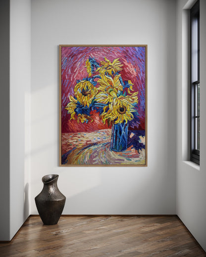 Vibrant Sunflowers in Vase Oil Painting