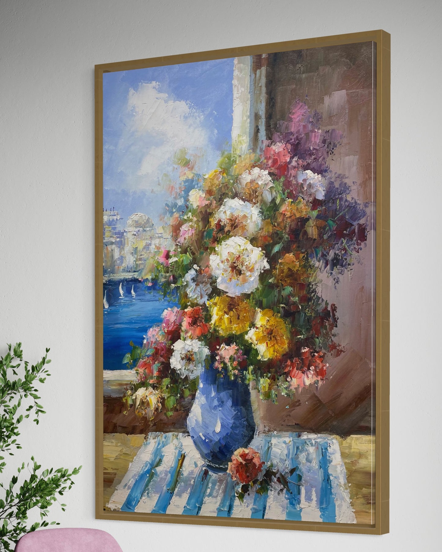 Original Impressionist Window Bouquet Scene Flowers Oil Painting on Canvas by hand