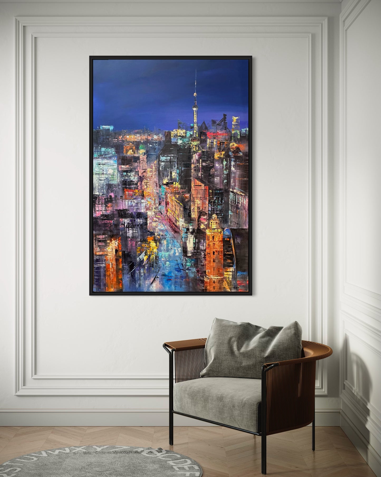 Nighttime City Skyline Oil Painting