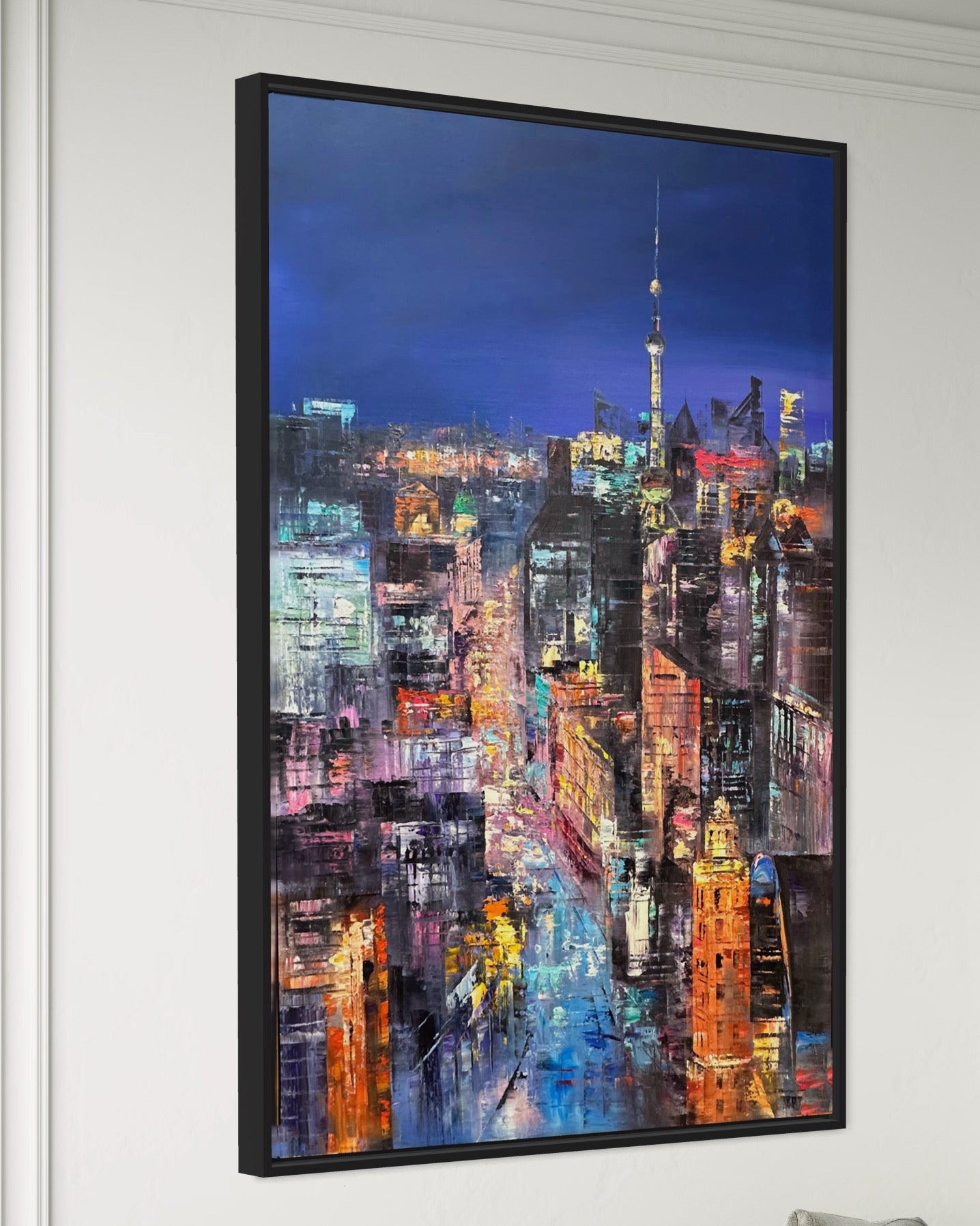 Nighttime City Skyline Oil Painting