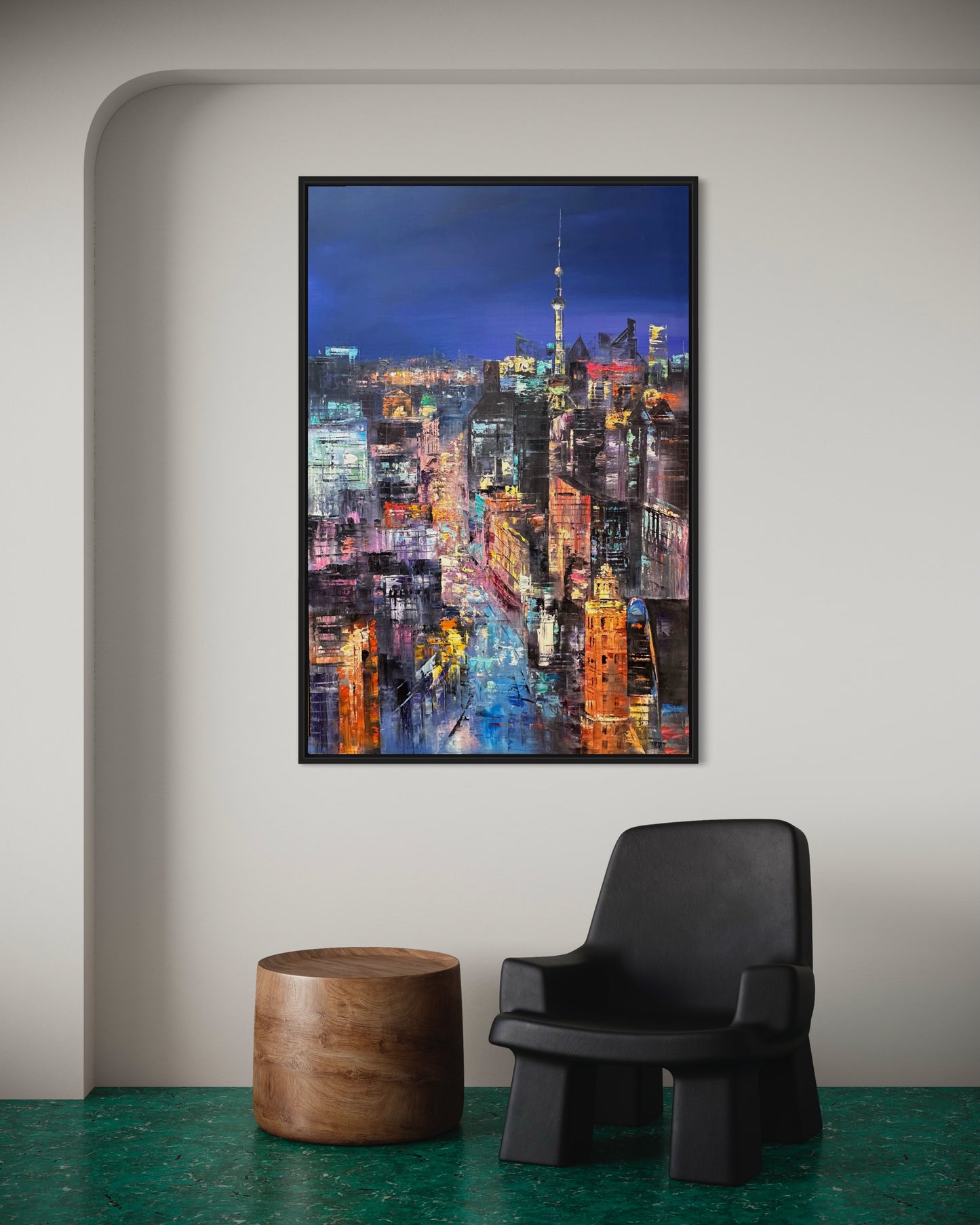 Nighttime City Skyline Oil Painting