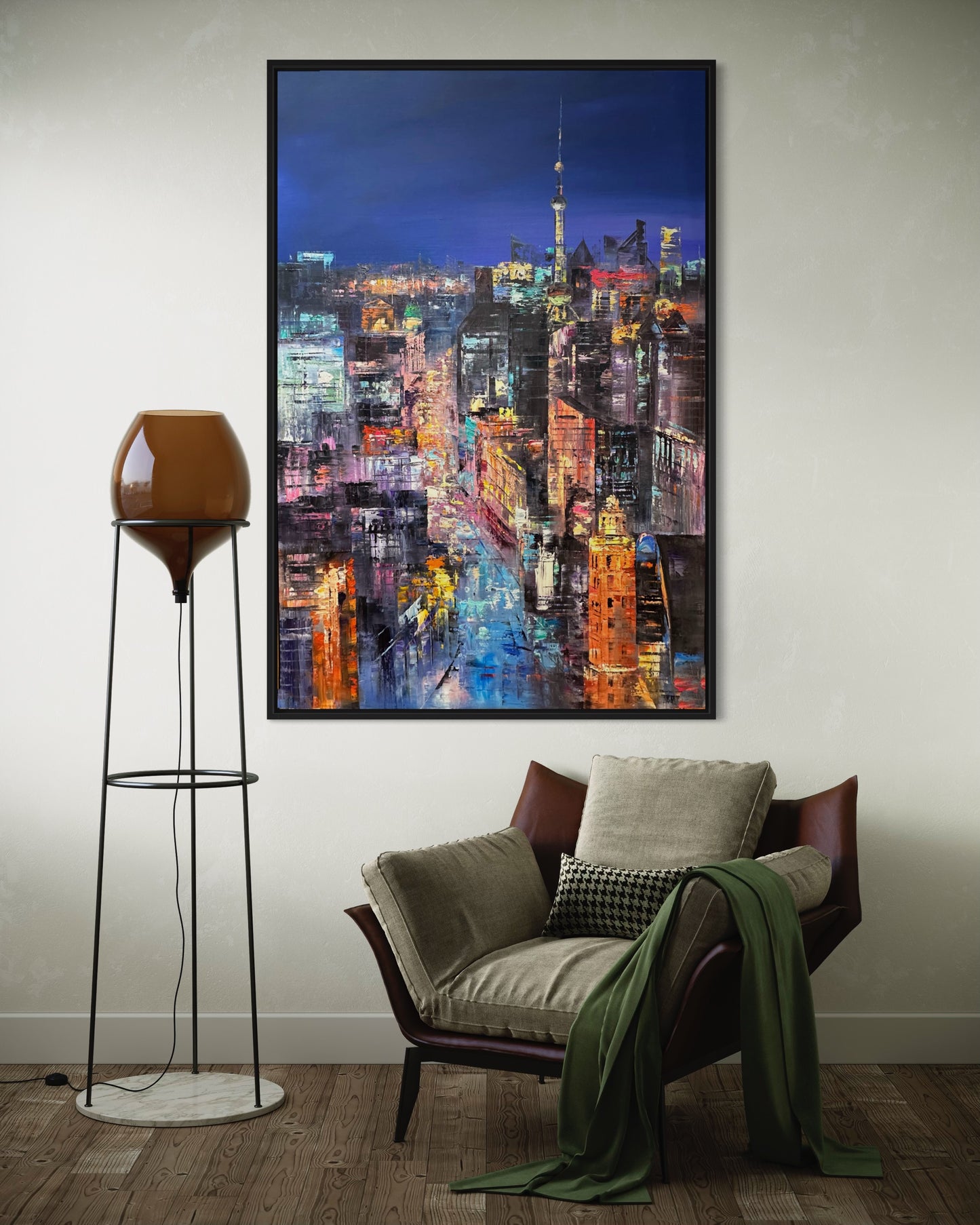 Nighttime City Skyline Oil Painting