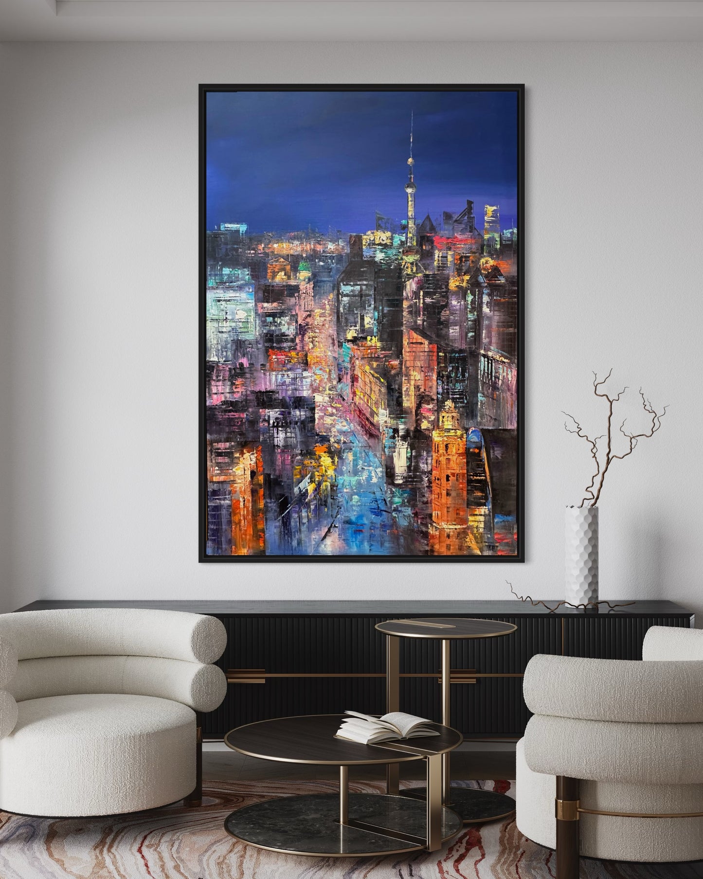 Nighttime City Skyline Oil Painting