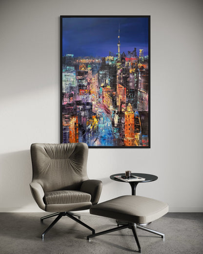 Nighttime City Skyline Oil Painting