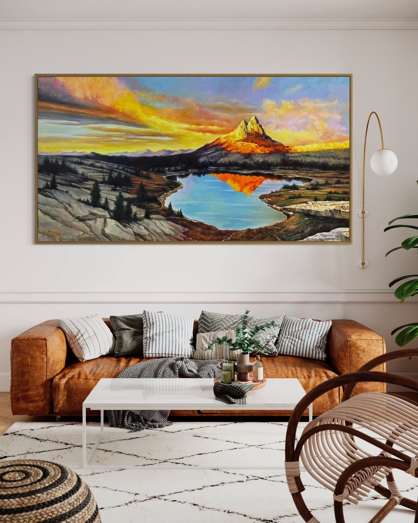 Original Landscape Painting Sunset Mountains River Oil Painting on Canvas by hand