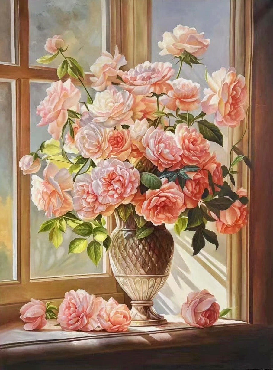 Original Still Life Flower Vase by Window Oil Painting on Canvas Home Decor