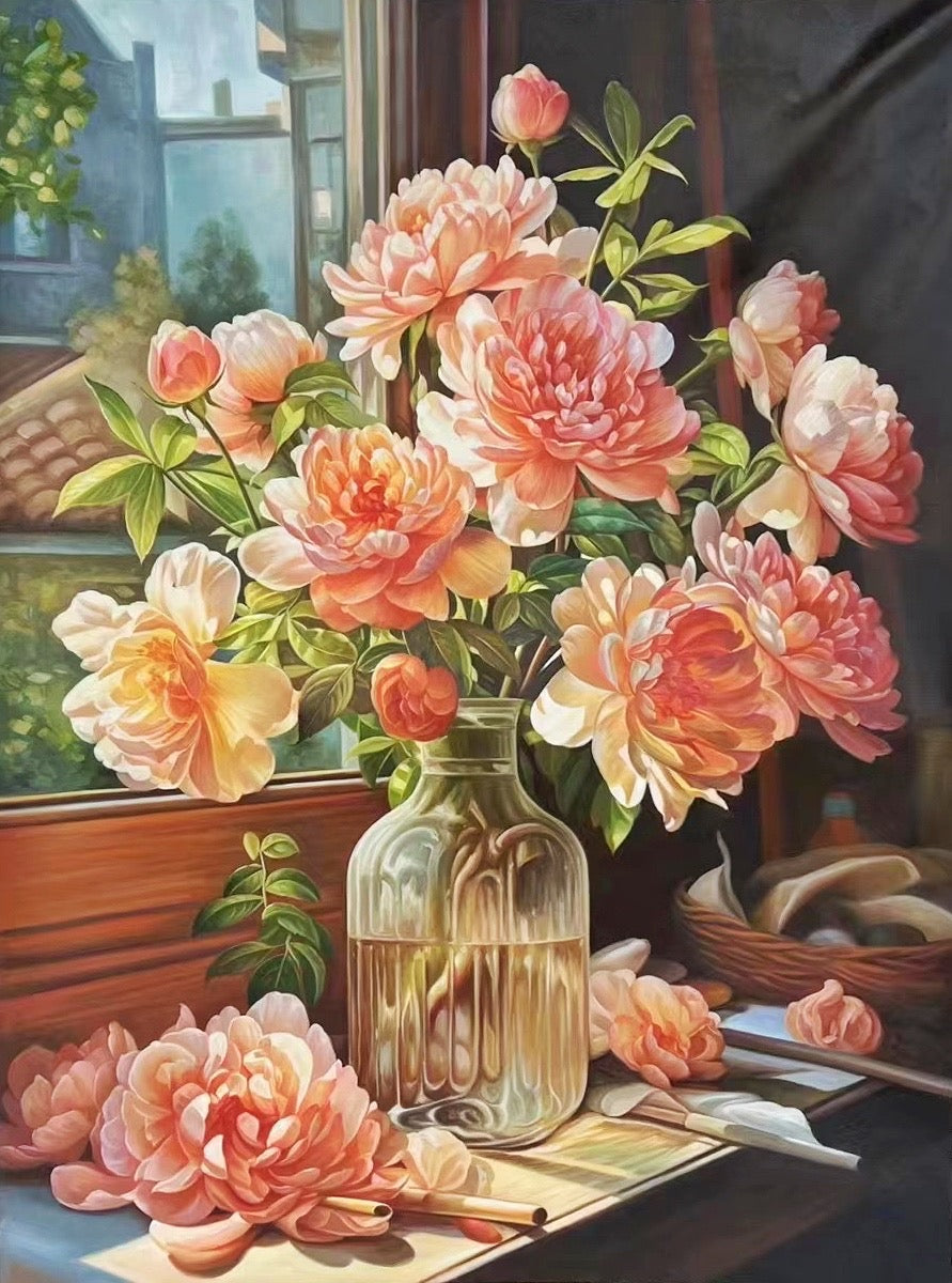 Original Still Life Pink Flower Vase by Window Oil Painting on Canvas Home Decor