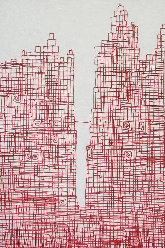 Large Original Abstract Building with Red Lines on White Background Oil Painting on Canvas