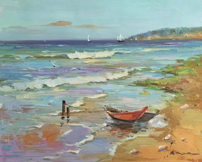 Peaceful Beach with Boats Oil Painting