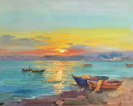 Sunset Over Coastal Village Oil Painting