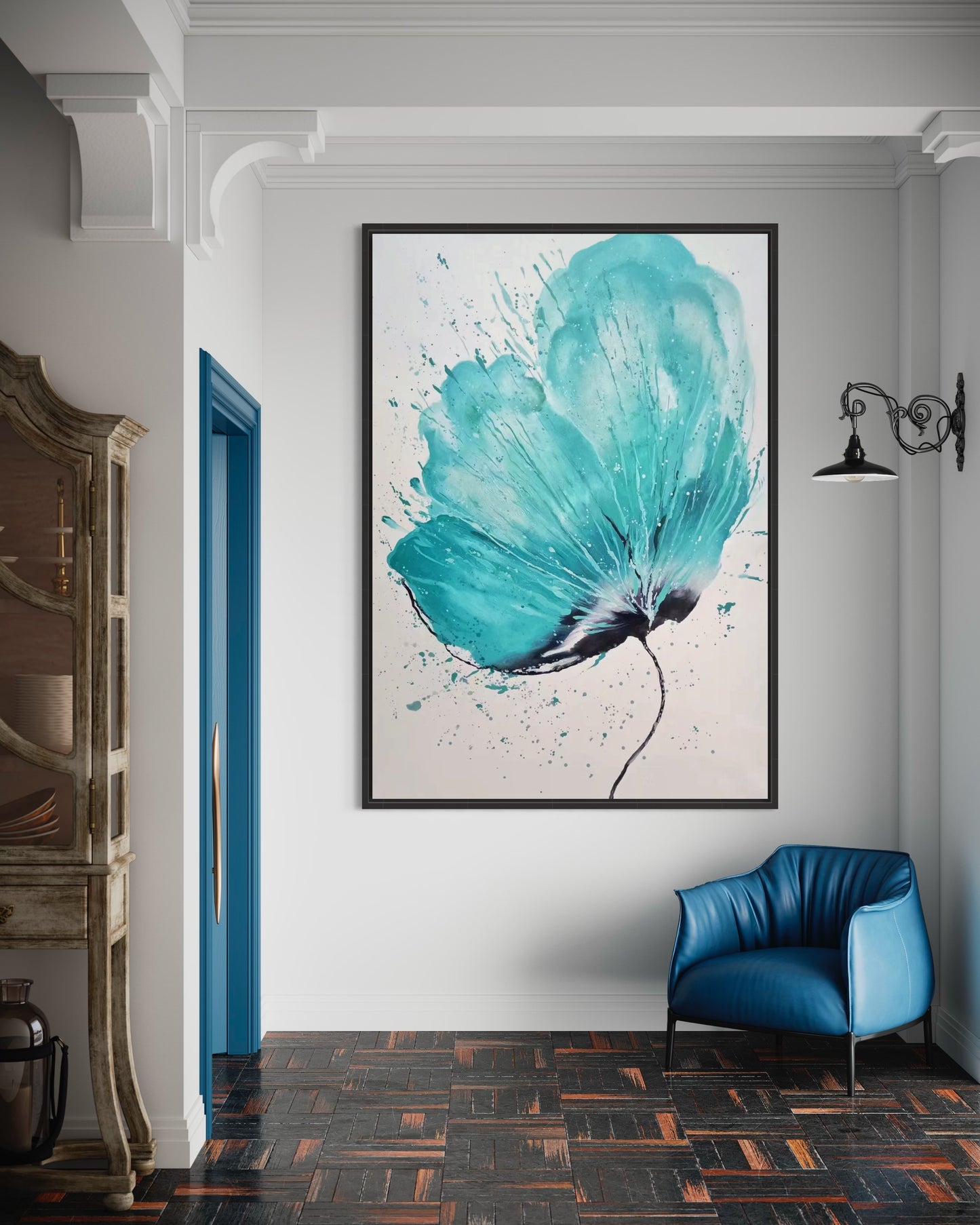 Large Acrylic Abstract Original Blue Flora Oil Painting on Canvas