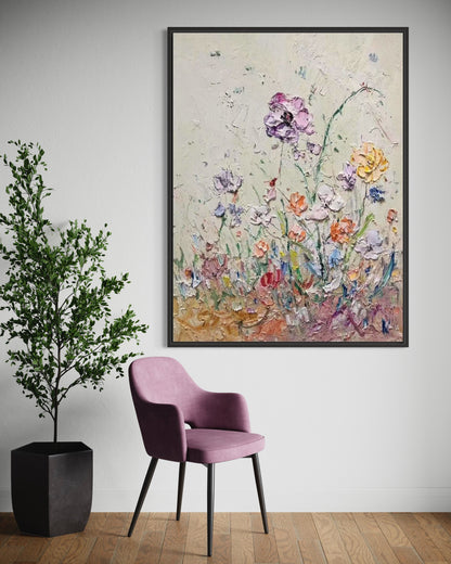 Large Acrylic Abstract Original Light Colored Flora Oil Painting on Canvas V1