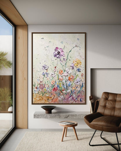 Large Acrylic Abstract Original Light Colored Flora Oil Painting on Canvas V1