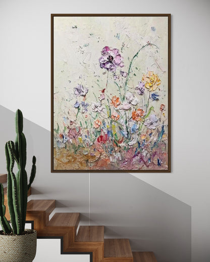 Large Acrylic Abstract Original Light Colored Flora Oil Painting on Canvas V1