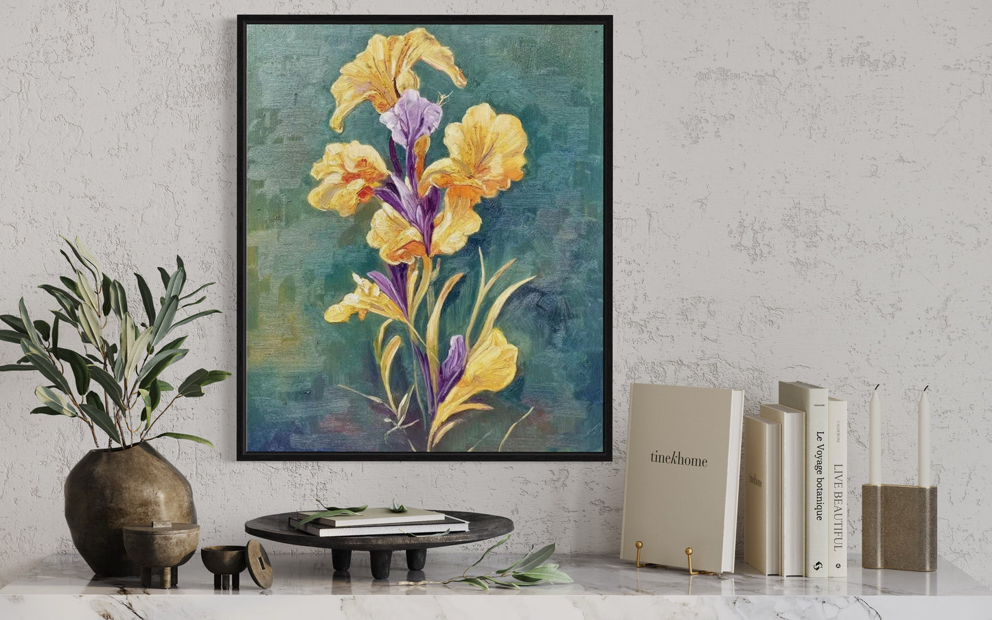 Original Yellow with Purple Flower Still Life Realistic Oil Painting on Canvas Home Decor