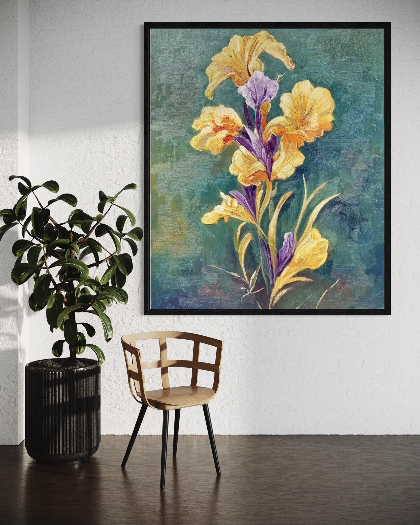 Original Yellow with Purple Flower Still Life Realistic Oil Painting on Canvas Home Decor