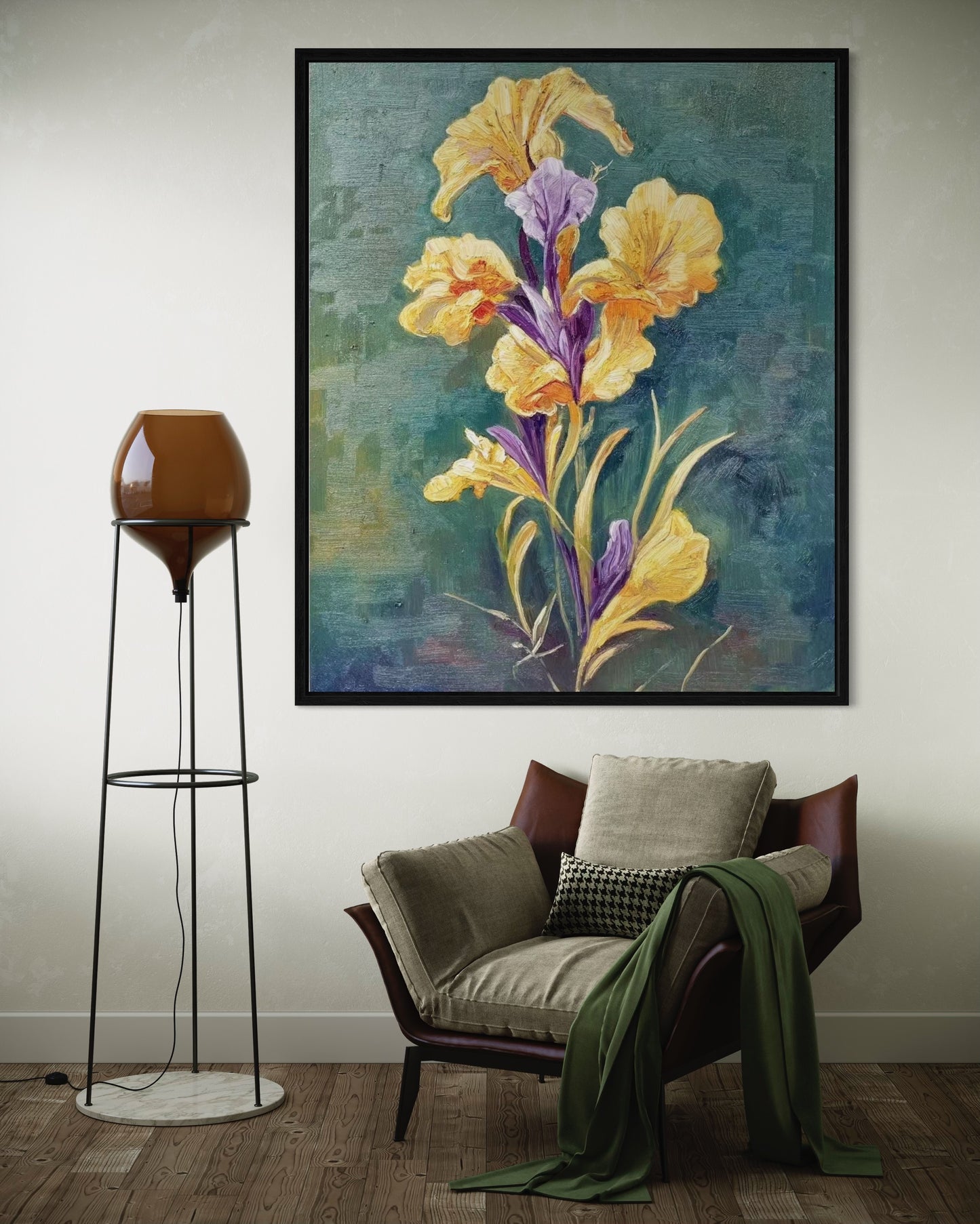 Original Yellow with Purple Flower Still Life Realistic Oil Painting on Canvas Home Decor