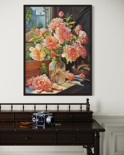 Original Still Life Pink Flower Vase by Window Oil Painting on Canvas Home Decor