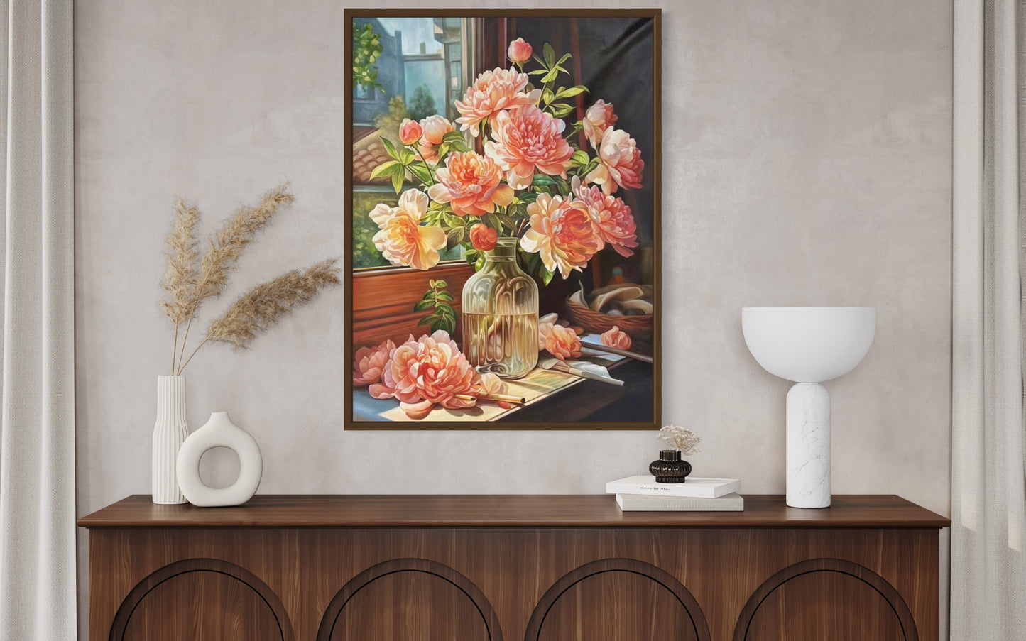 Original Still Life Pink Flower Vase by Window Oil Painting on Canvas Home Decor