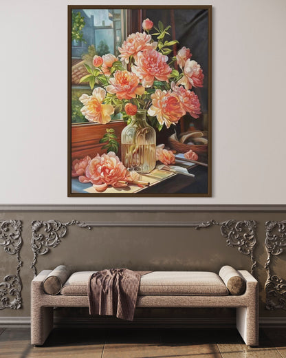 Original Still Life Pink Flower Vase by Window Oil Painting on Canvas Home Decor