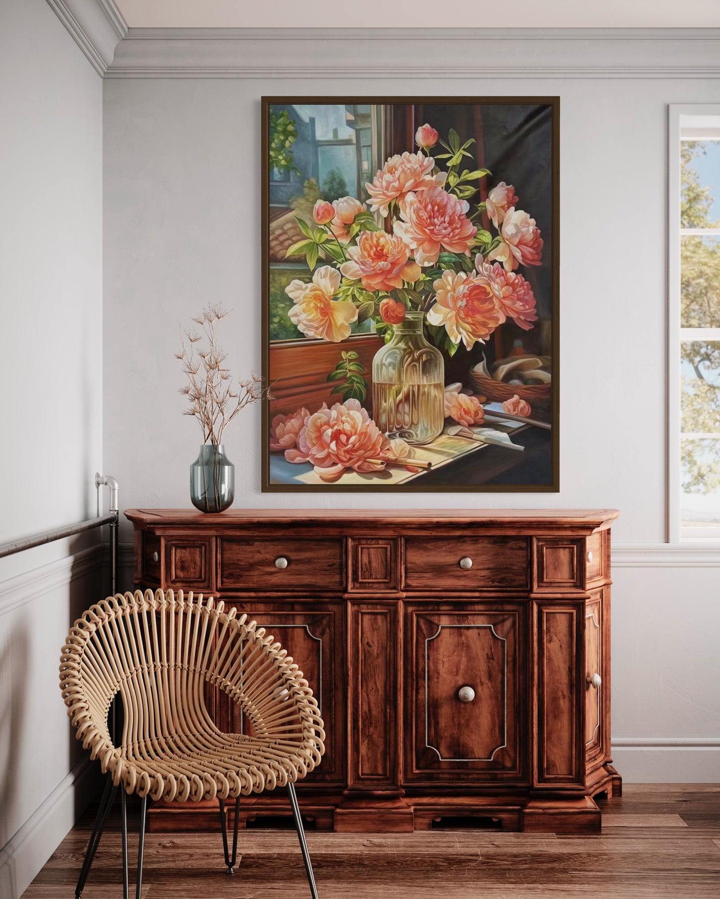 Original Still Life Pink Flower Vase by Window Oil Painting on Canvas Home Decor