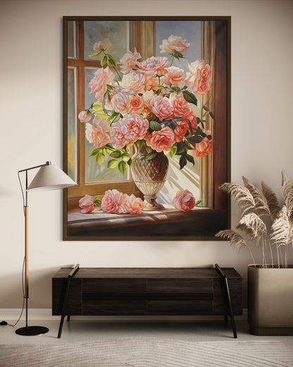 Original Still Life Flower Vase by Window Oil Painting on Canvas Home Decor