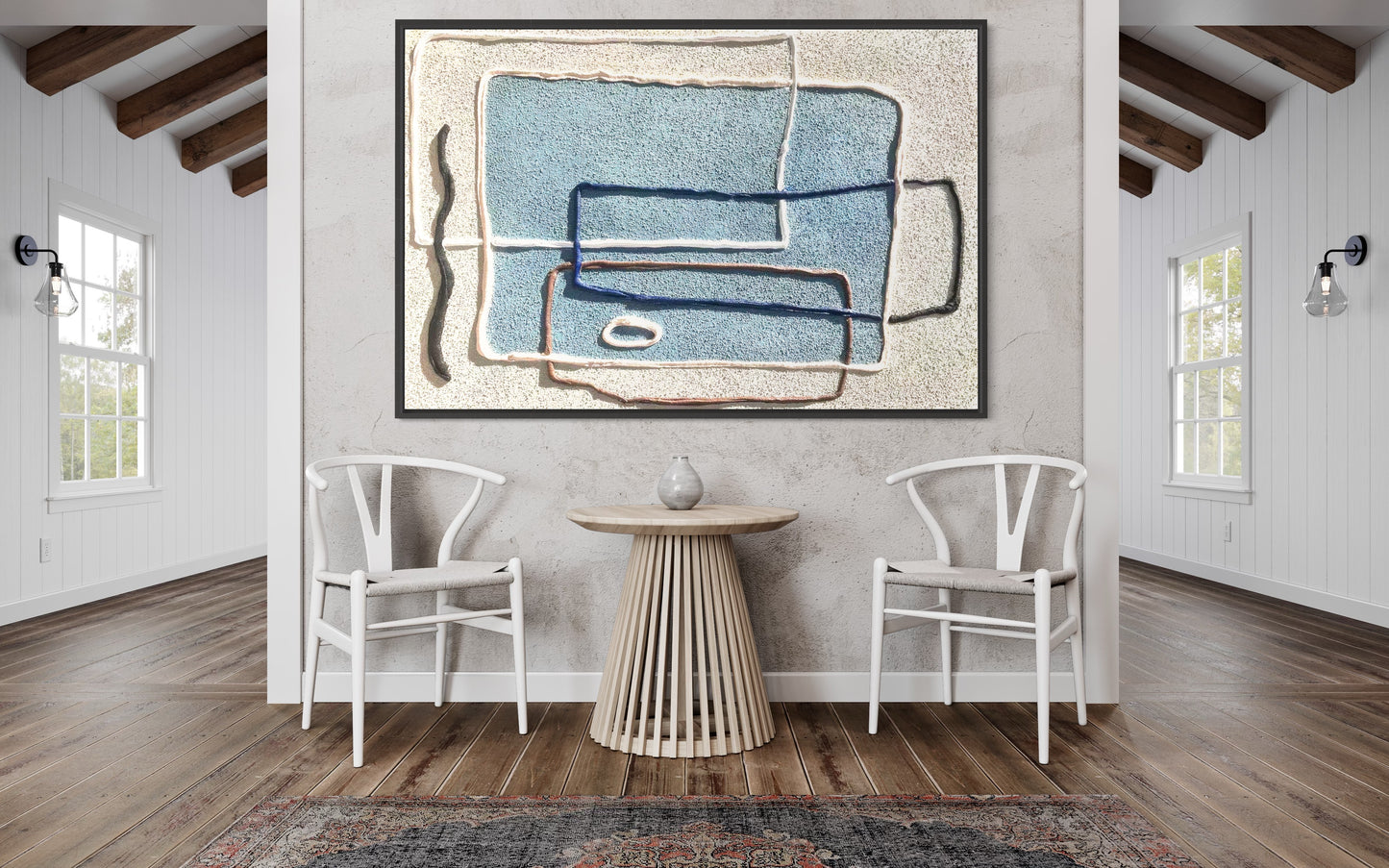 Large Acrylic Abstract Original Blue-white Geometry Oil Painting on Canvas