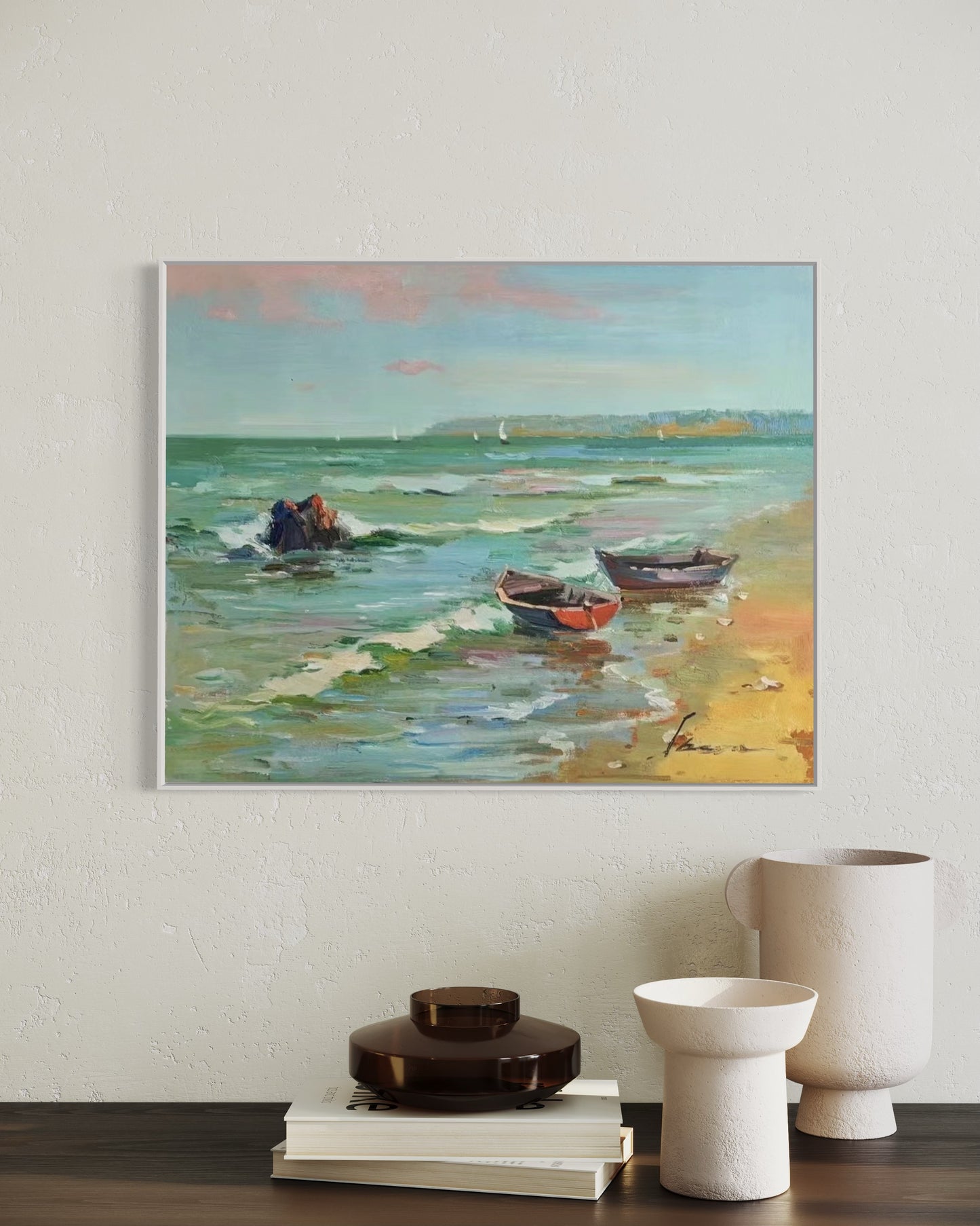 Serene Coastal Boats Oil Painting