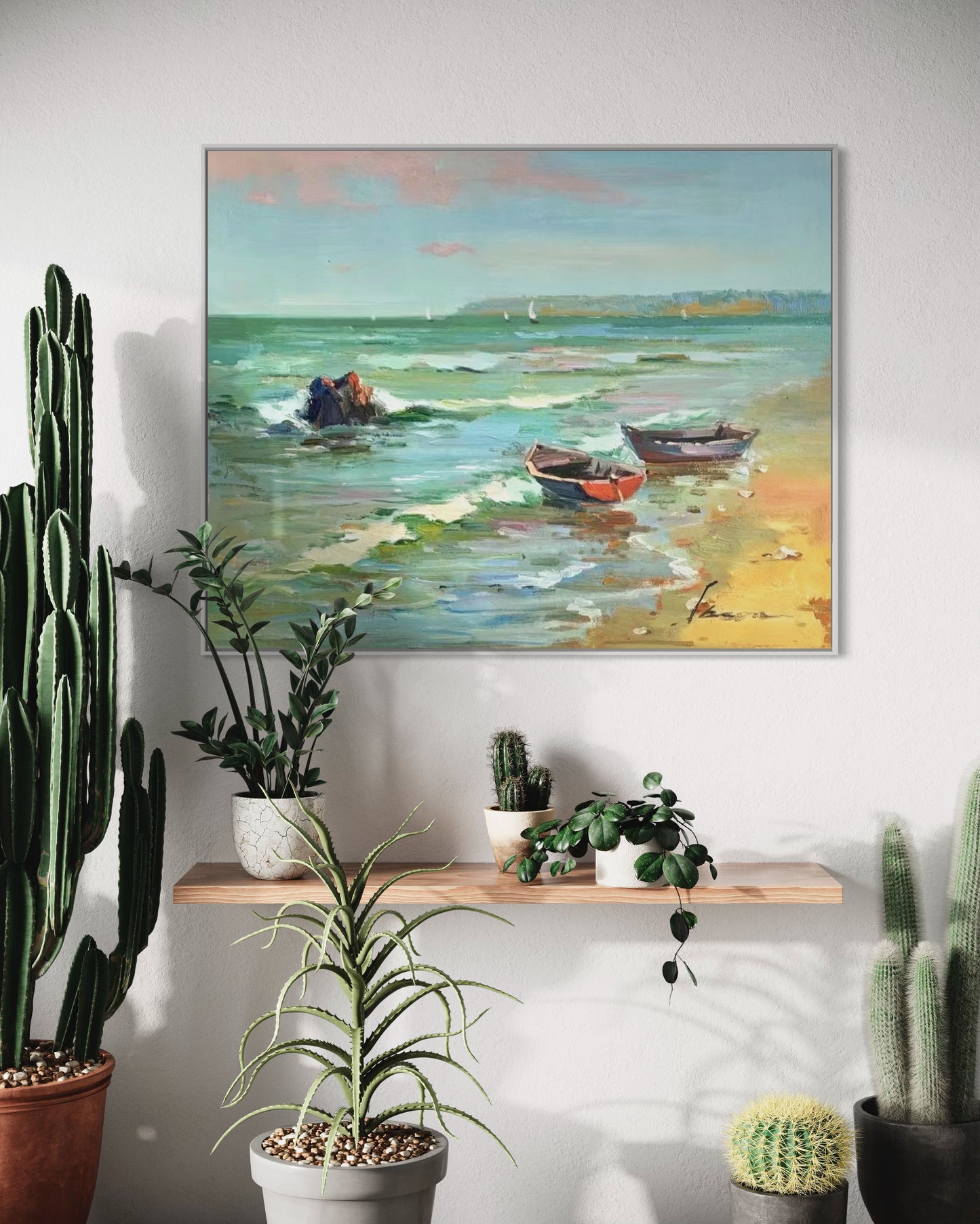 Serene Coastal Boats Oil Painting